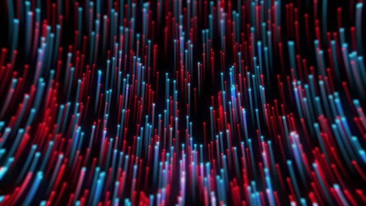 Abstract Glowing Red and Blue Digital Lines Flowing Upwards