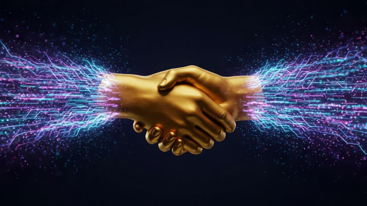 A Symbolic Celebration of Unity and Collaboration: Golden Hands Shaking Amidst Sparkling Energy Waves Representing Innovation and Connection in Digital Era