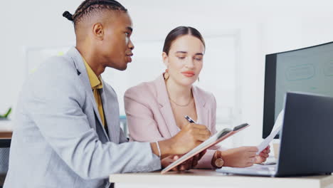 business people, laptop and coaching intern