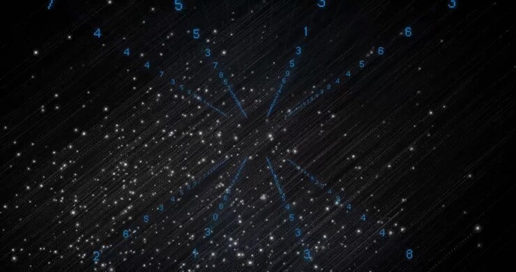 Futuristic Digital Data Stream with Glowing Numbers and Sparkling Particles