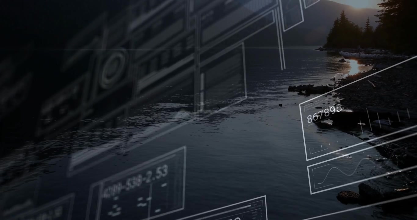 HUD panels sliding in over lake surface, updating data, shifting left to reveal sunlit shore