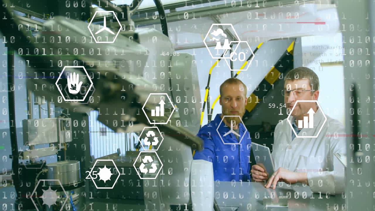 animación de codificación binaria con iconos de ecología sobre científicos masculinos caucásicos con robot