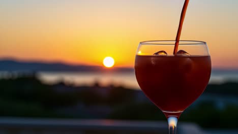 a stunning sunset cocktail experience: enjoying a refreshing drink in a scenic setting as the sun sets over the horizon with vibrant colors in the sky