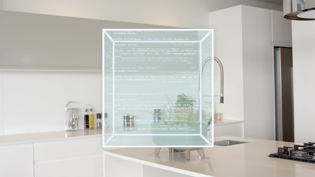 Holo activating cube around planter on island rotating, sliding, settling while showing code lines