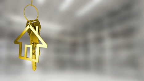 animation of gold key with house key fob and copy space over out of focus interiors