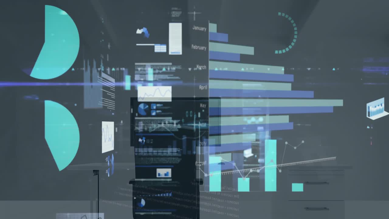 Animation of data processing and stock market over office