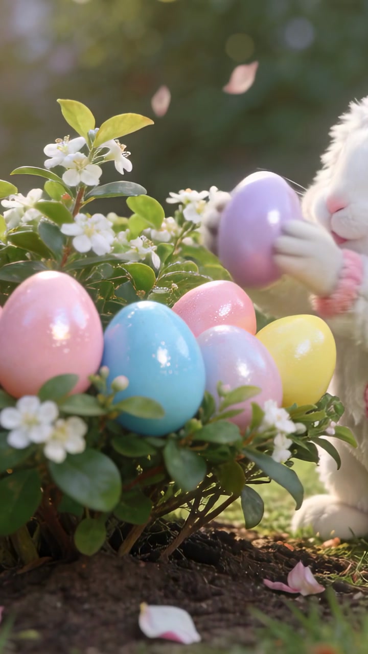 Plush rabbit in pink cuffs arranging pastel-eggs near flowering shrub in sunlit garden, copy space