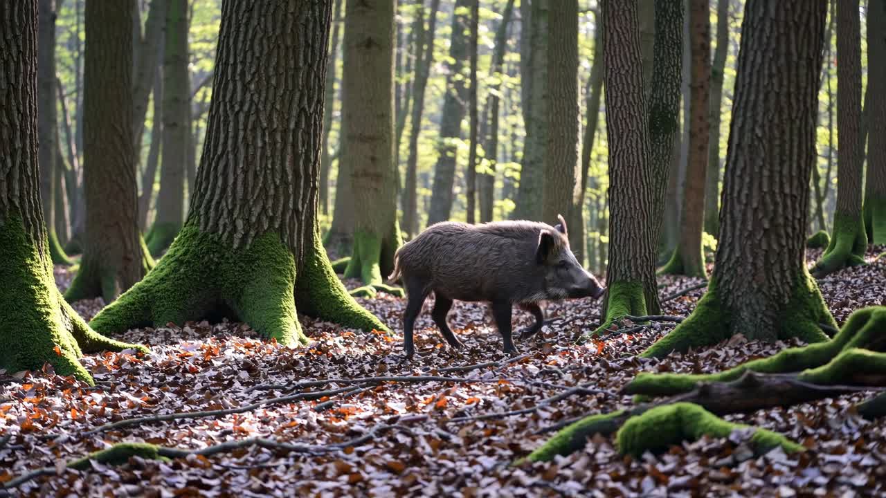 Una serena scena di una foresta con un cinghiale che cammina tra alberi ricoperti di muschio
