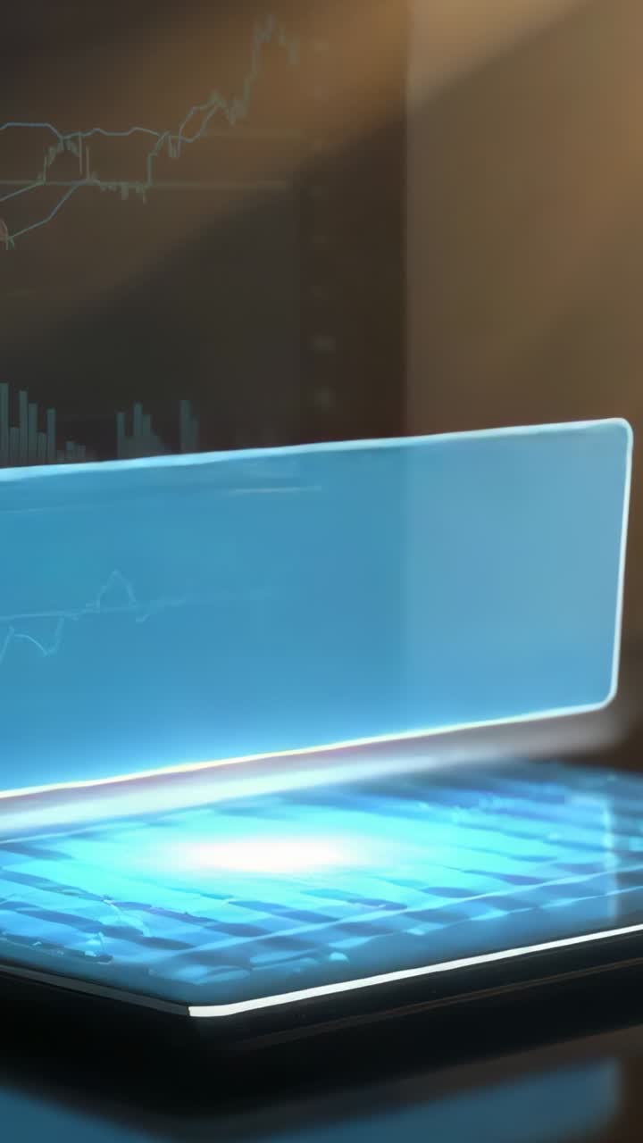 Vídeo vertical: tablet que proyecta barras holográficas que se elevan en un escritorio y muestran el máximo rendimiento