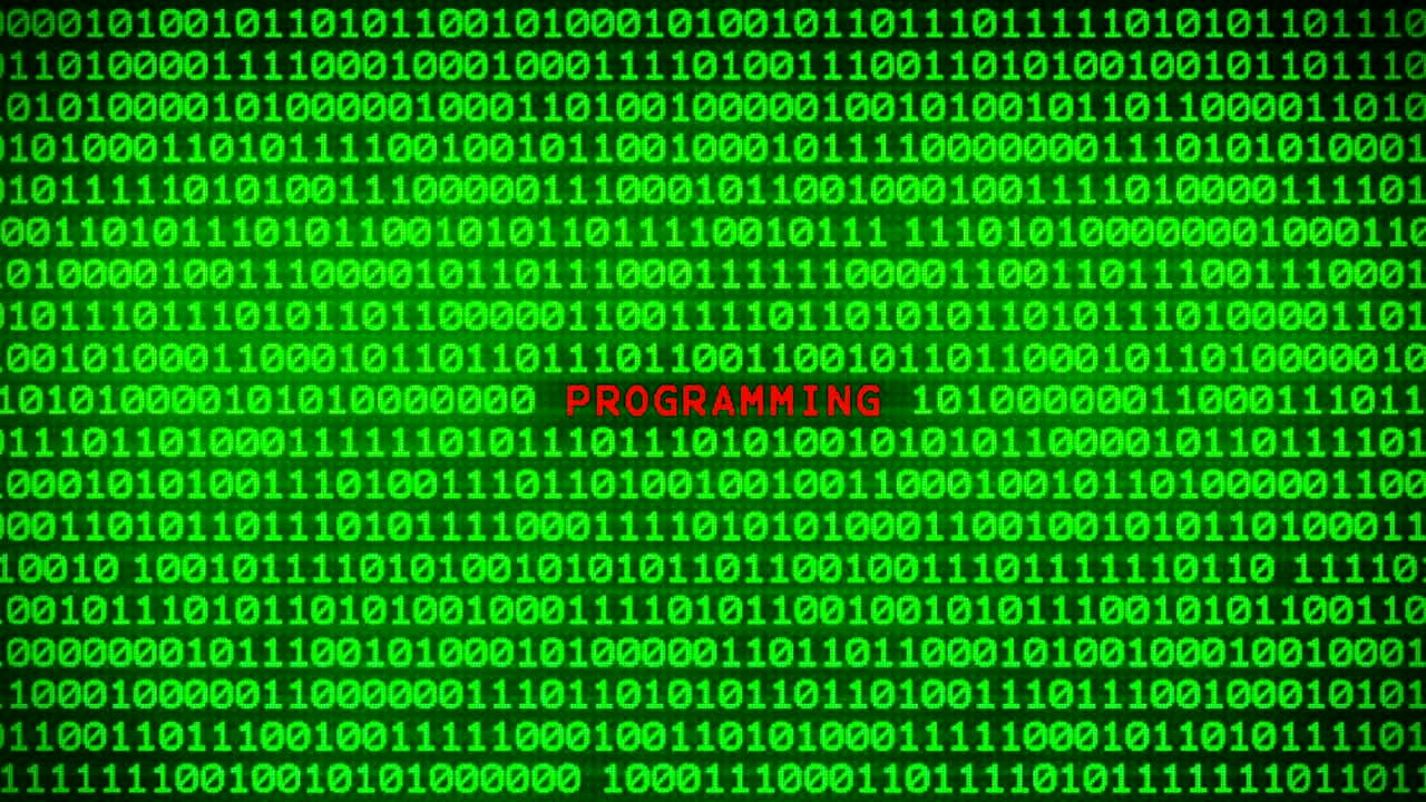PROGRAMMING  Word Revealing on Wall of Green Binary Code  Between Random Binary Data Matrix Background