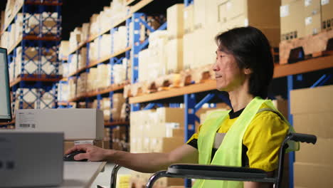 vertical video asian man in wheelchair processing orders and preparing the boxes