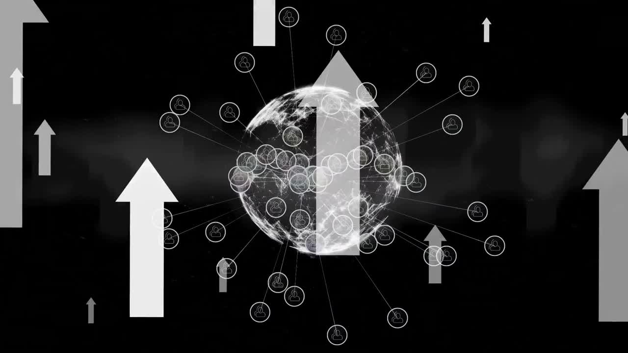 검은색 배경에 연결 네트워크와 화살표의 애니메이션