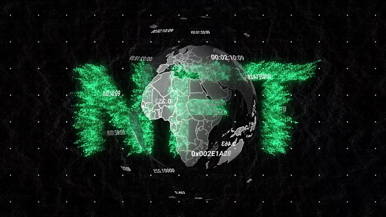 Animazione di elaborazione dati con globo su testo NFT su sfondo nero