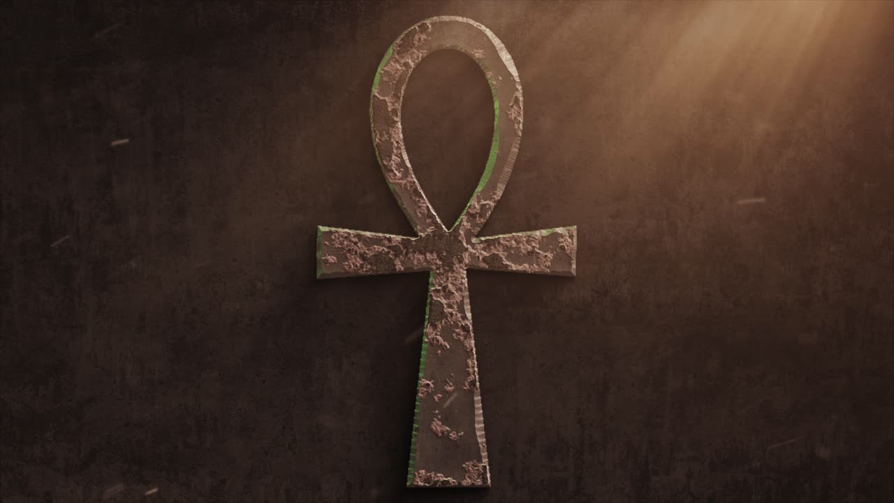 gráfico de movimiento dramático de alta calidad del símbolo ankh jeroglífico egipcio, que se erosiona, oxida y descompone rápidamente, con cálidos rayos de luz atmosféricos y motas de polvo