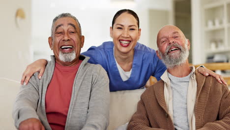 Senior,-men-and-hug-with-nurse-on-sofa