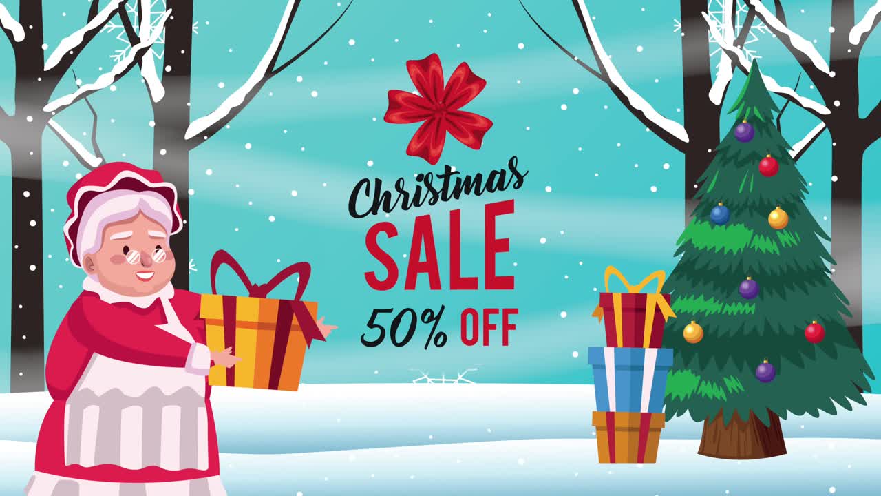 feliz navidad tarjeta de venta con esposa de papá noel y pino