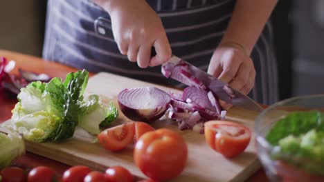 Midsection-of-caucasian-woman-preparing-salad,-chopping-vegetables-in-kitchen