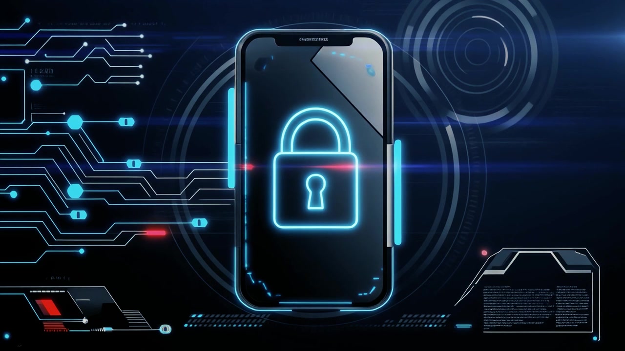 Futuristic Smartphone Security with Glowing Lock Icon and Digital Interface