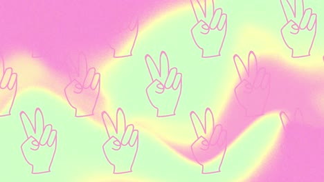 Animation-of-organically-moving-pastel-pink-and-green-shapes-with-rocking-peace-sign-hands