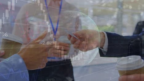 animation of caucasian businessman giving card to collogues with globe, graph in background