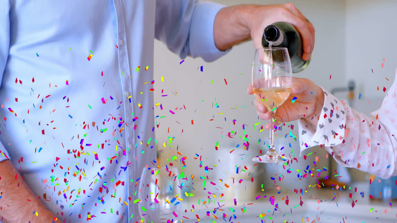 페인을 유리잔에 부어주고, 콘페티 애니메이션을 축하 장면 위에