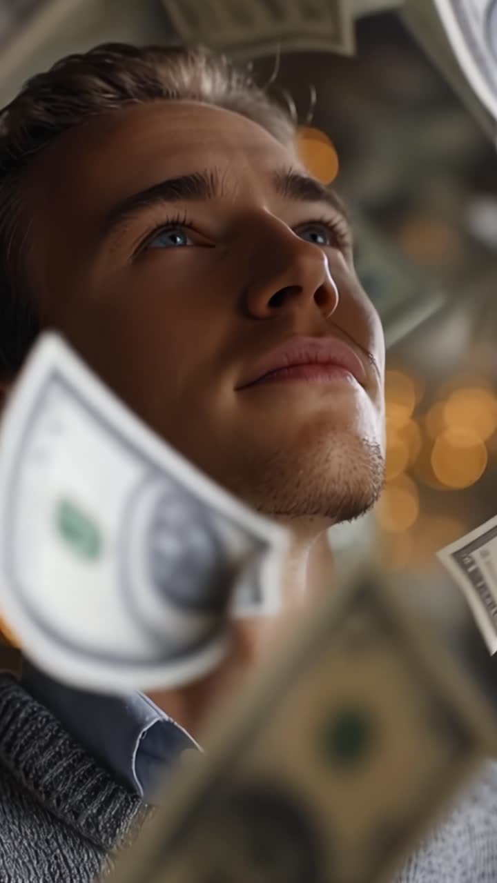 Giovane uomo pensieroso con un maglione confortevole che guarda verso l'alto, con luci bokeh calde sullo sfondo che creano un'atmosfera suggestiva