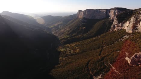 aerial view during sunset of a beautiful valley in vercors massif france.