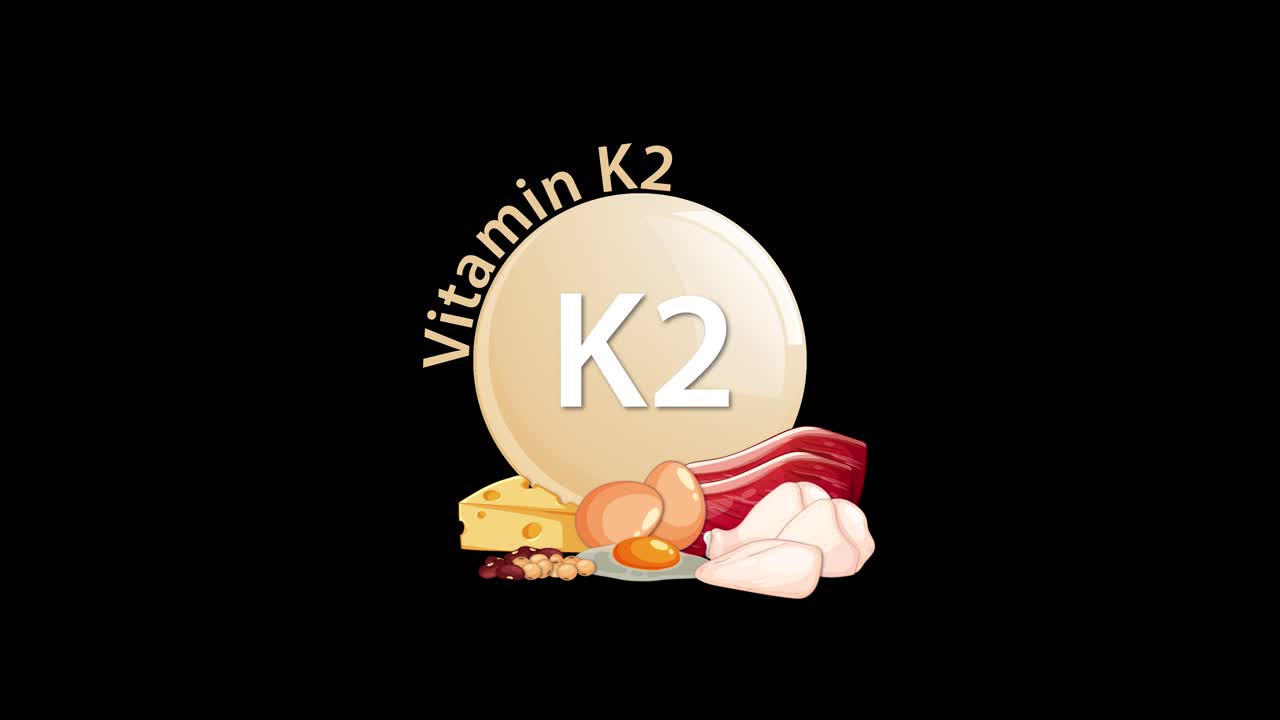 A smooth animation reveals a Vitamin K2 icon with cheese, egg, meat, and chicken illustrations, transitioning from simple text to detailed food imagery on a black background