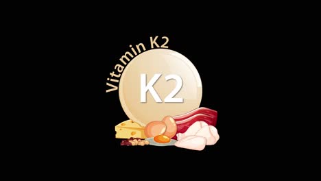 a smooth animation reveals a vitamin k2 icon with cheese, egg, meat, and chicken illustrations, transitioning from simple text to detailed food imagery on a black background