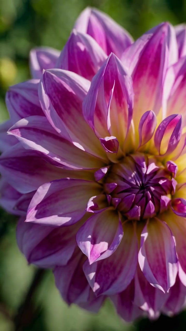Tampilan Dekat Bunga Dahlia Merah Muda dan Kuning Cerah
