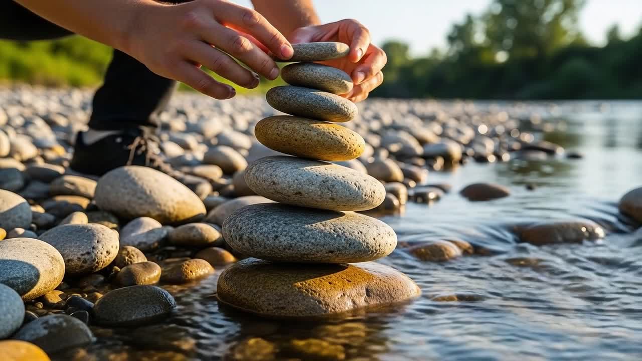 A Serene Moment of Balance: Stacking Smooth Stones by the Riverside During Sunset for Tranquility and Nature Connection