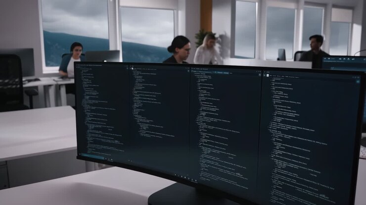 Software Development Team Working in a Modern Office with Code on Screens