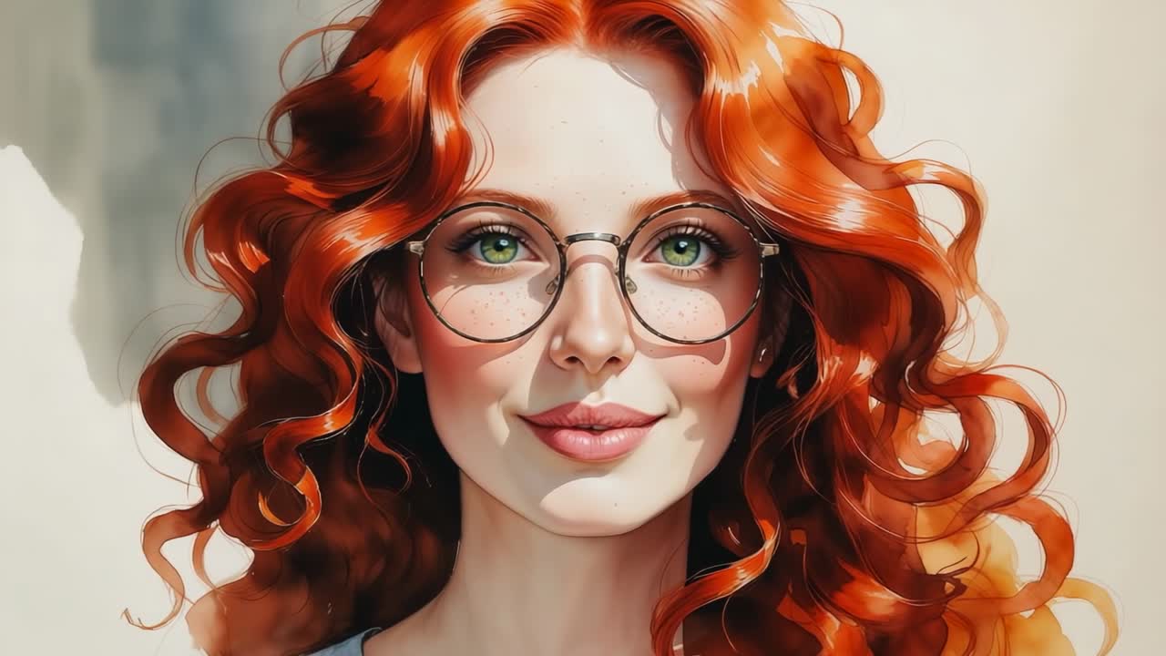 Camera starting focusing on red-haired woman blinking and smiling softly in studio, with eyeglasses