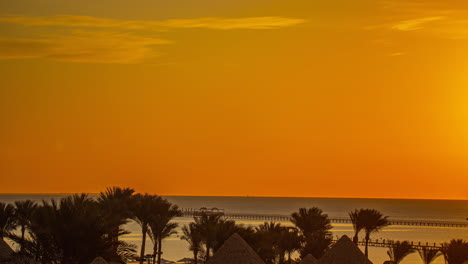 Lapso-De-Tiempo-Amanecer-Playa-Egipto-Nubes-Rápido-En-El-Cielo-Palmeras-Movimiento-De-Hojas