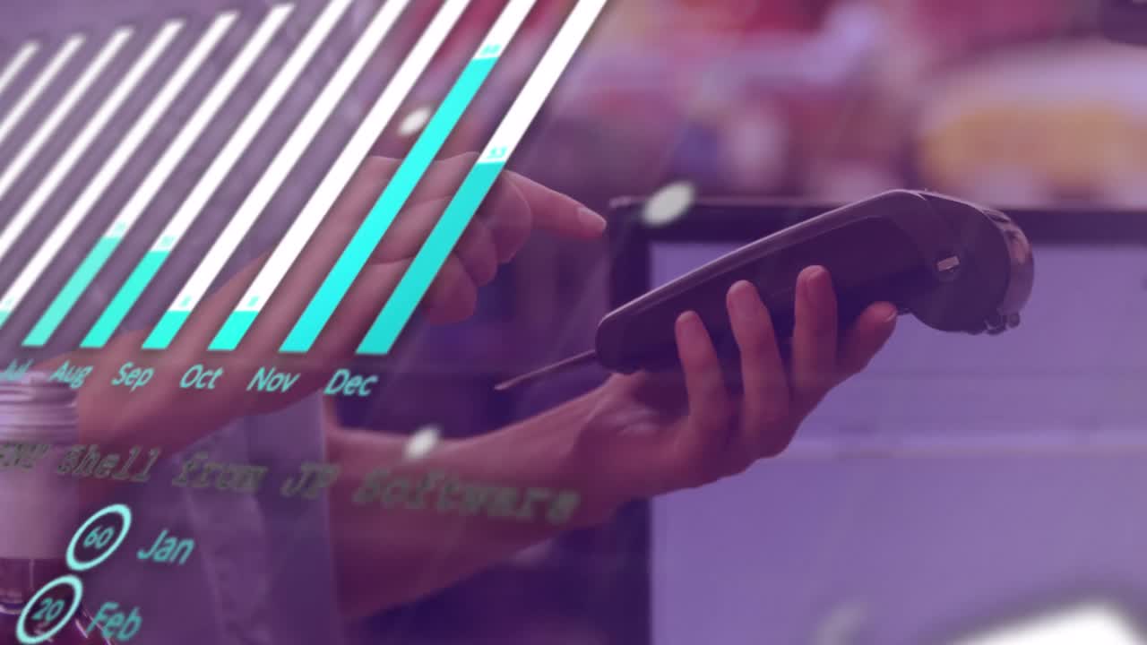 Animación de procesamiento de datos sobre diversas personas pagando con tarjeta de crédito