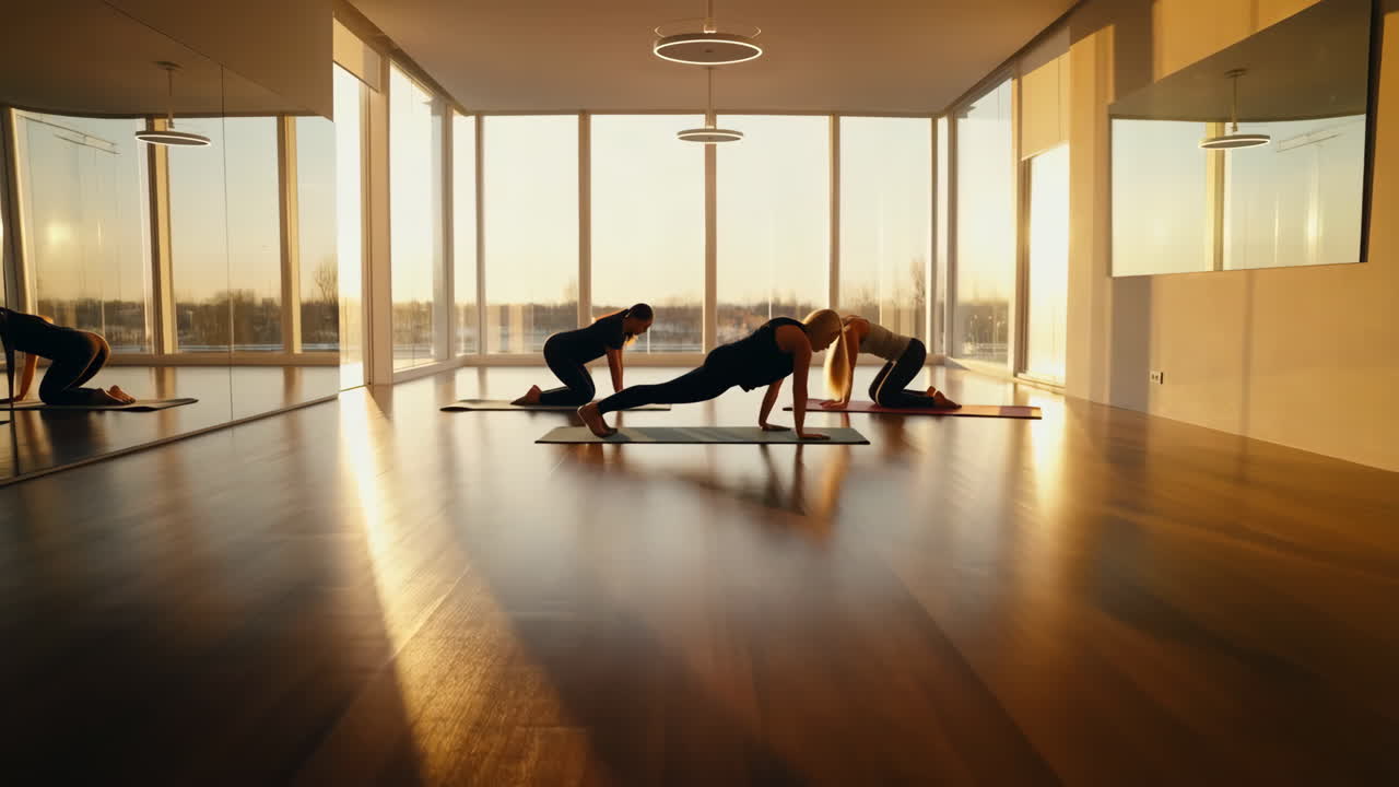 Three women performing yoga or fitness exercises in a bright studio with large windows