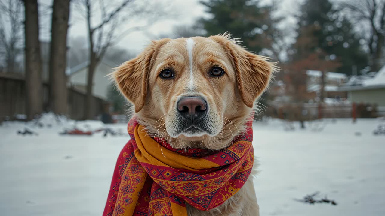 Hearing distant noise golden retriever flicking ears and scanning snowy yard, wearing scarf