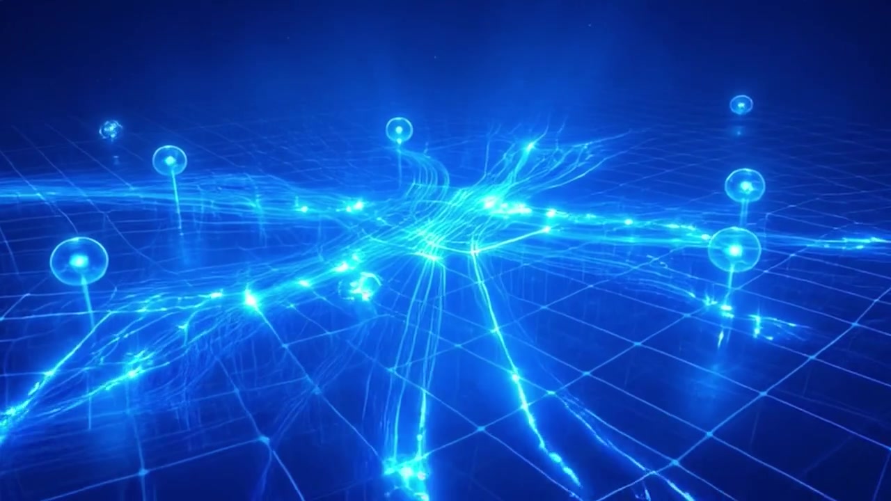 Digital Network Connection with Glowing Data Nodes and Grid Lines