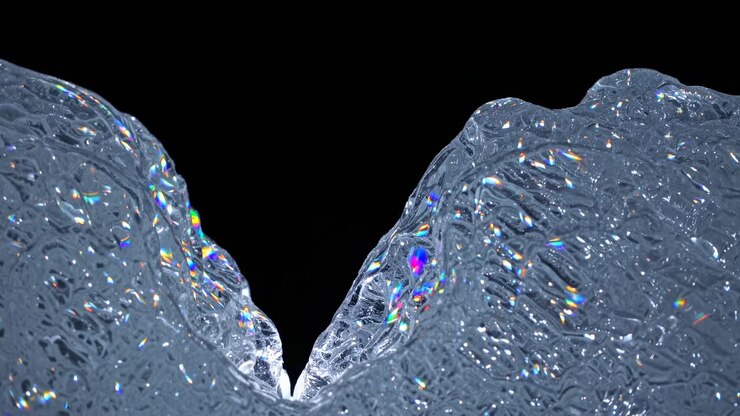 Close-up video of two ice formations with rainbow reflections, captured from a low angle