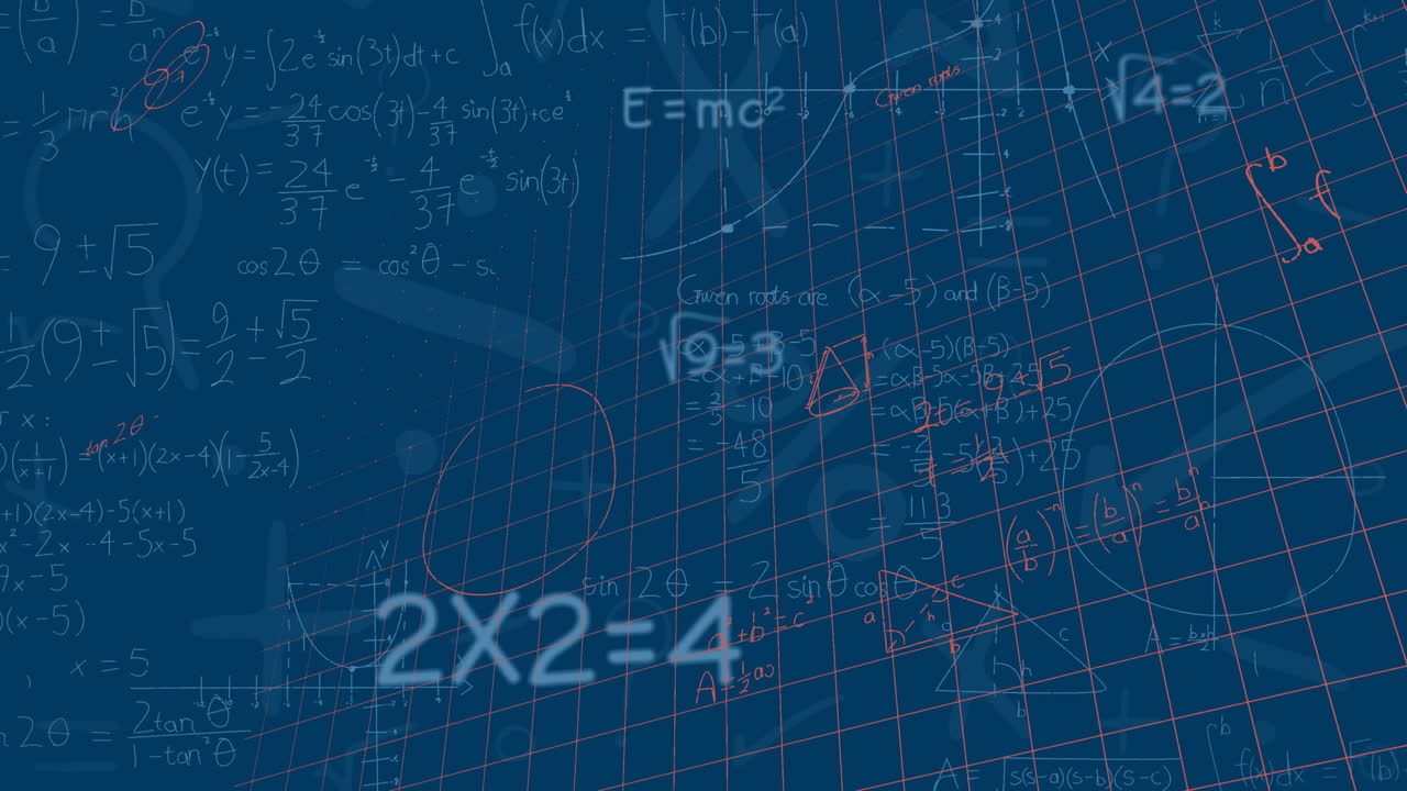 青い背景のグリッドネットワーク上に浮かぶ数学的方程式と図のアニメーション