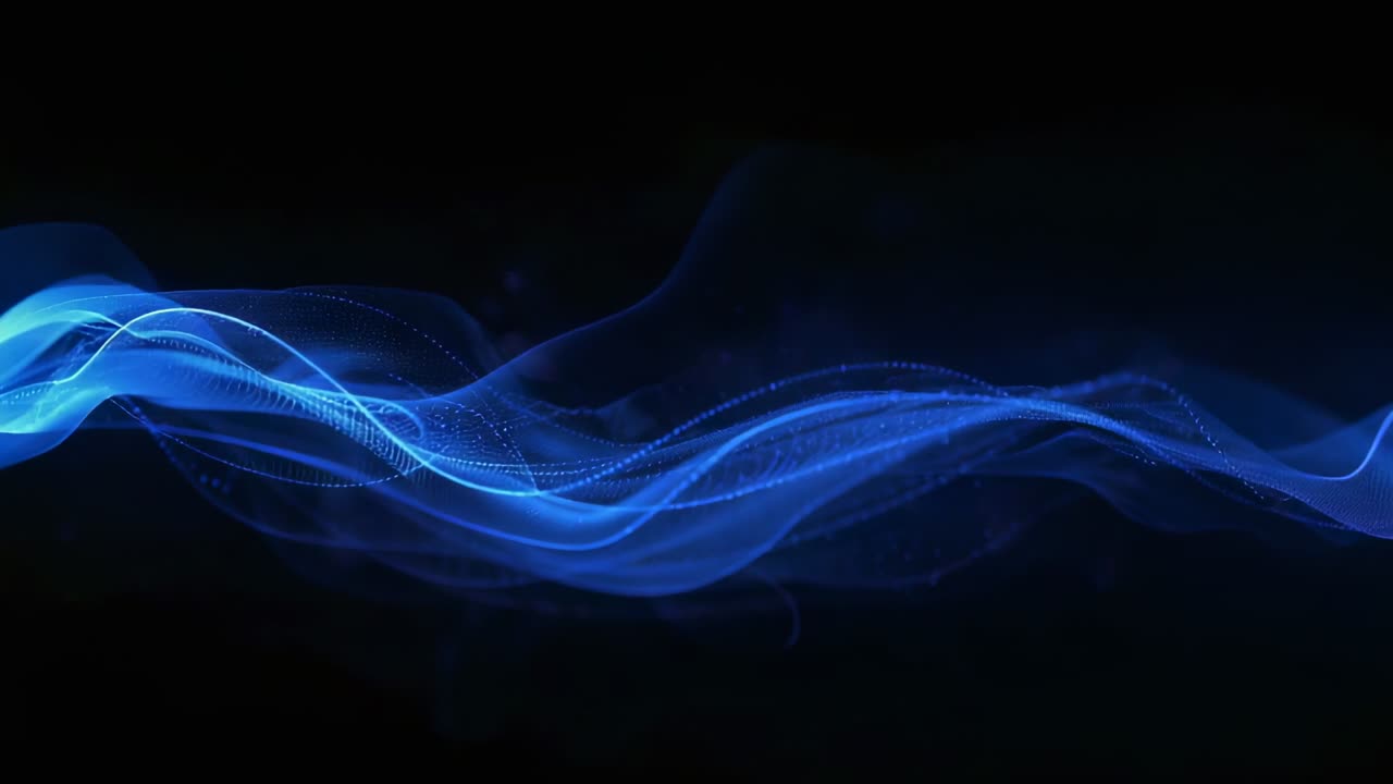 Animation starting, glowing ribbons flowing across black void, shifting purple to cyan with dots