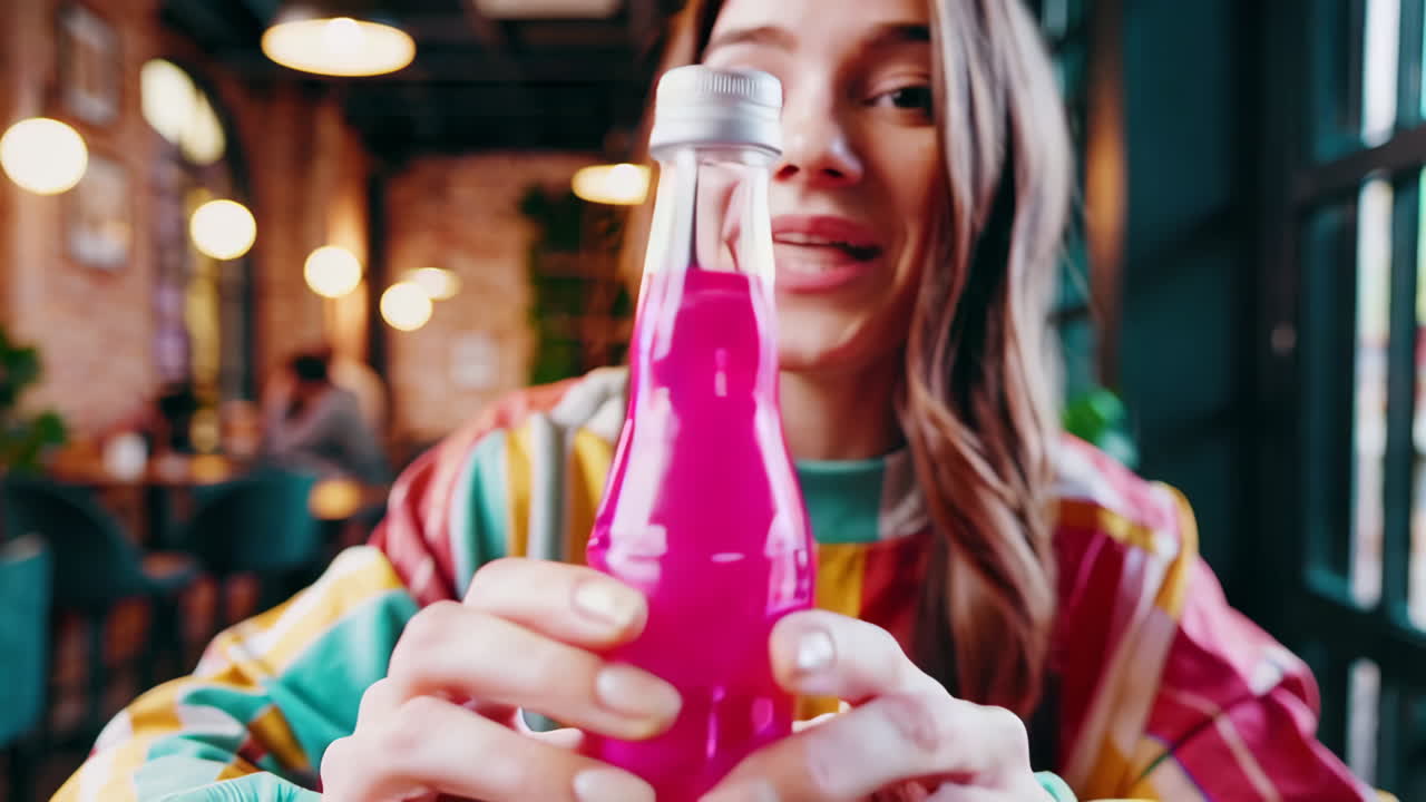 Woman reviewing colorful drinks in a cafe