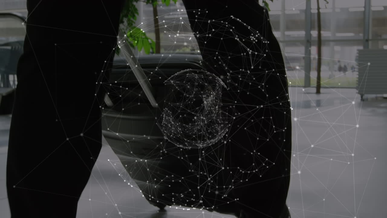 가방 을 들고  ⁇ 고 있는 사업가 의 다리 위 에 있는 연결 과 지구 의 애니메이션