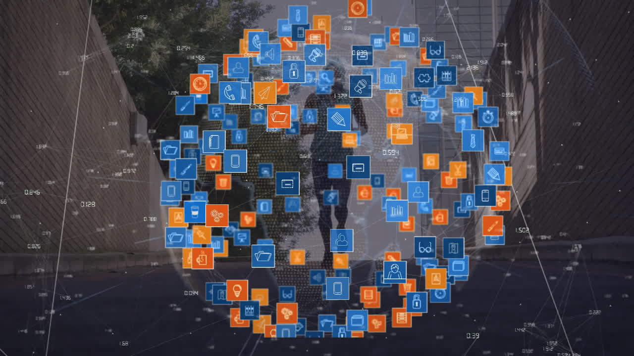 iconos digitales y animación de procesamiento de datos sobre personas que caminan en el área urbana
