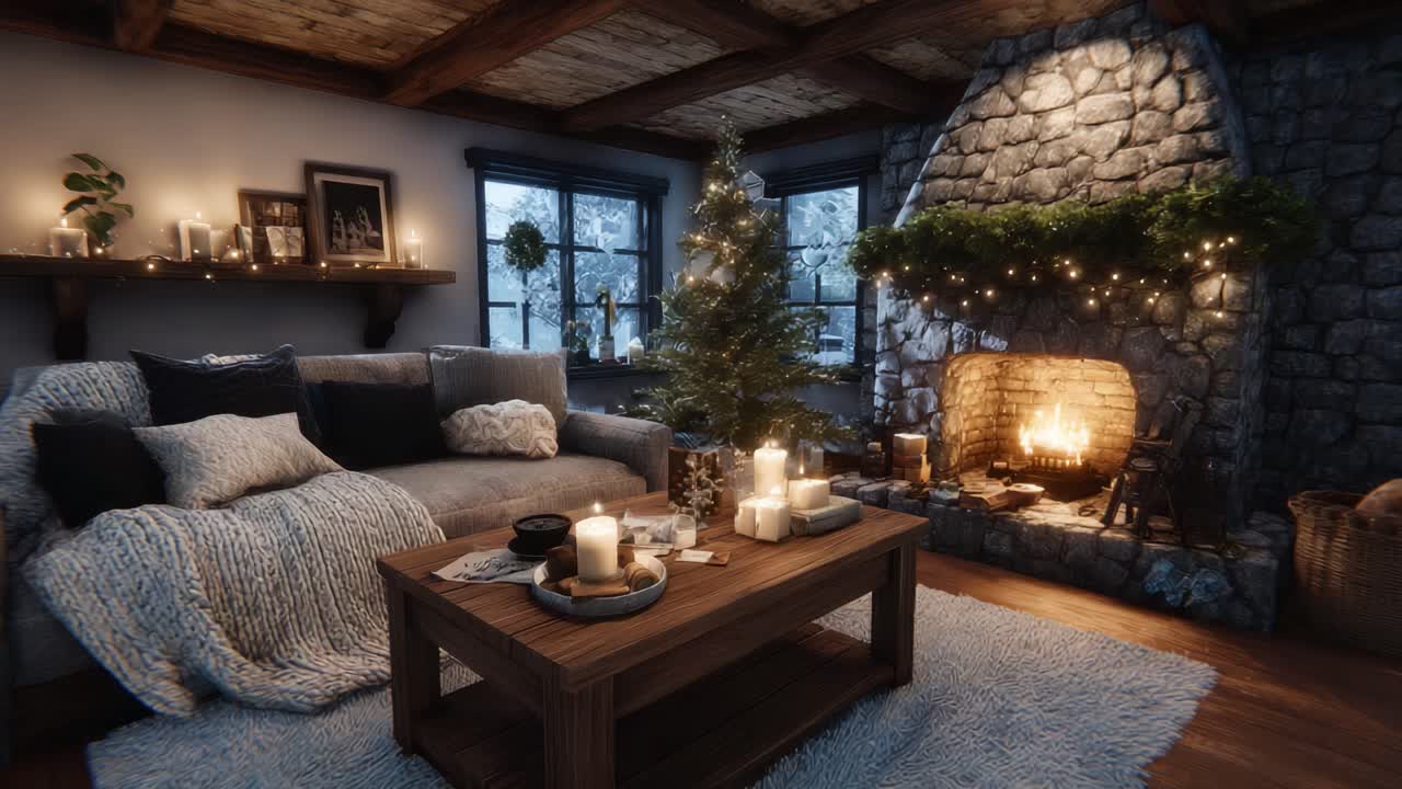 Cozy Winter Living Room with a Crackling Fireplace, Twinkling Lights, and a Beautifully Decorated Christmas Tree for a Warm Holiday Atmosphere