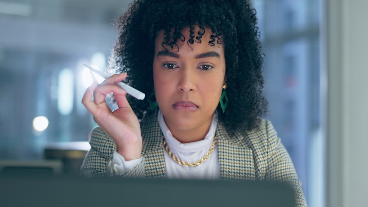 Business woman, laptop and thinking