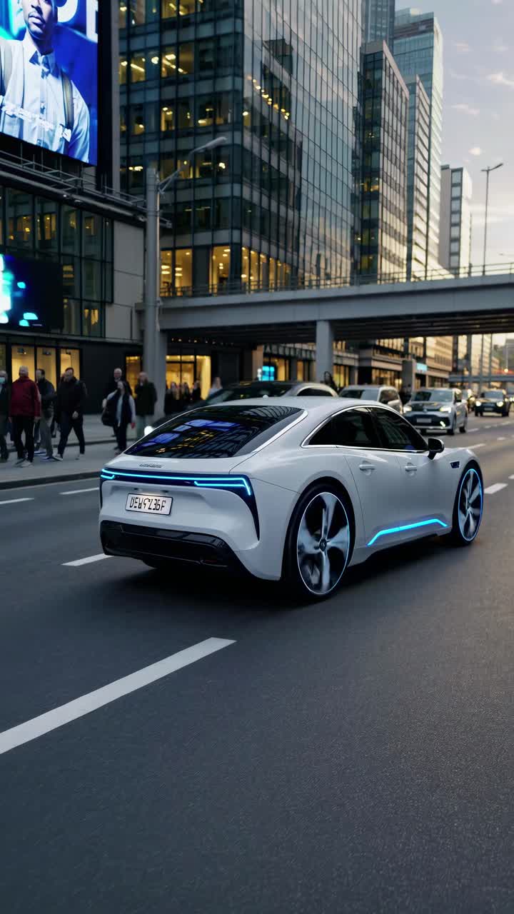 Futuristic car on a city street, captured from a low angle