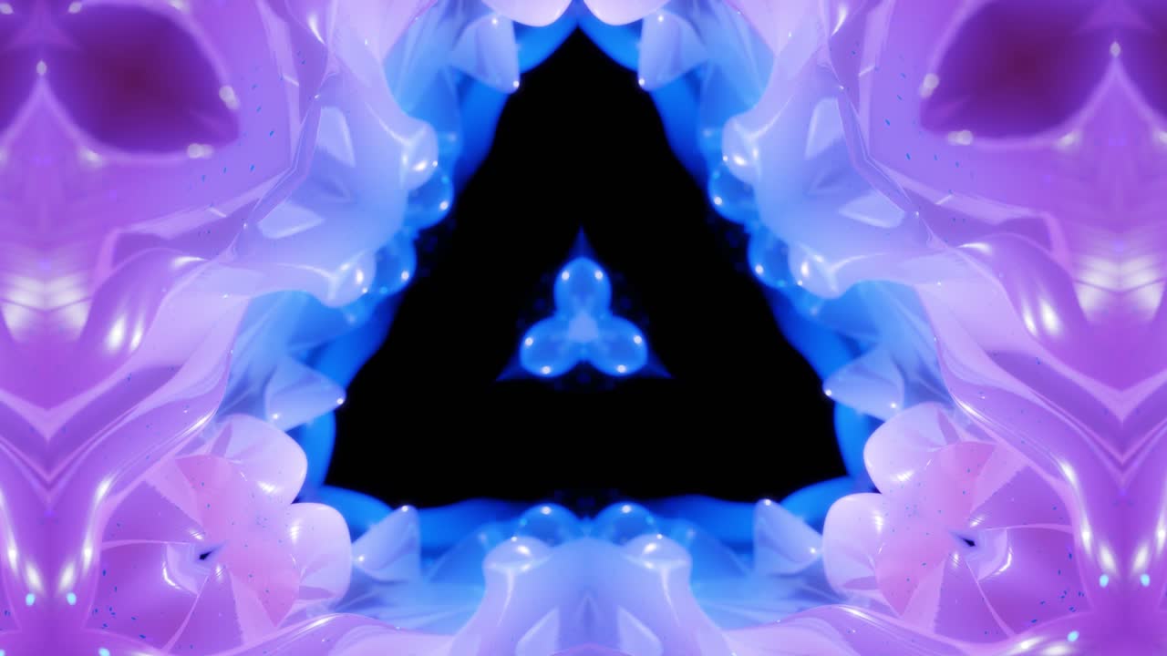 estructuras 3d simétricas abstractas con animación en bucle, gradientes de color azul púrpura suave, brillo brillante. efecto caleidoscopio con ondas fractales abstractas. hermoso bg abstracto con patrón 3d. dof