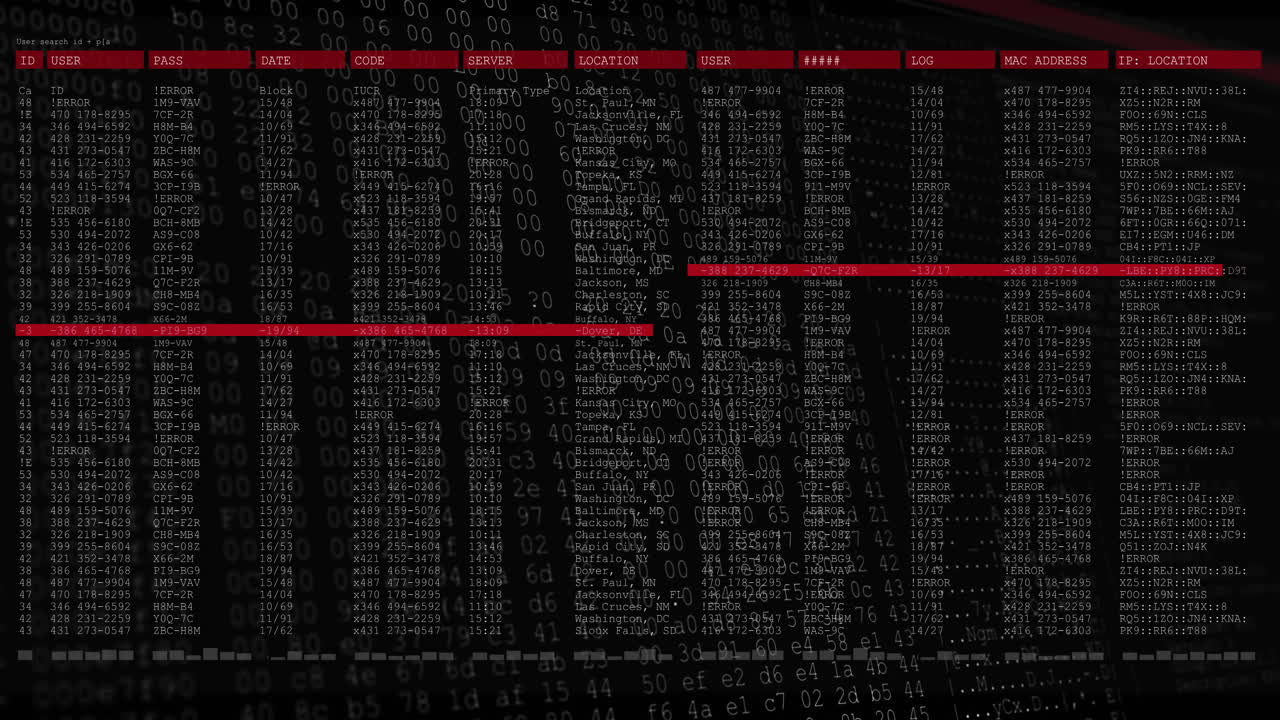 Animation of red lines and white cursors over data processing on black background