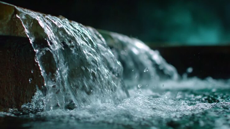 Close-up of Water Flowing Over a Stone Edge, Capturing the Elegance of Nature's Elements in a Serene Aqua Environment, Evoking Calm and Tranquility